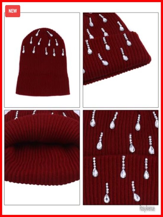 Rhinestone Jewel Drop Chunky Knit Beanie Winter Warm Cuffed Skull Cap main image 6